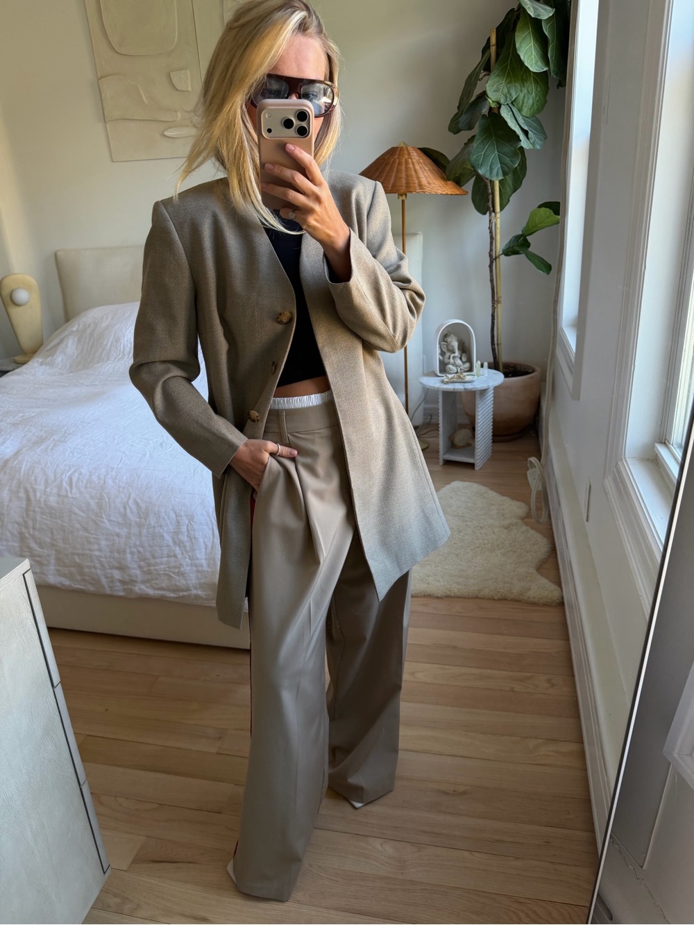 Neutral Beige Oversized Blazer with Wide Leg Trousers